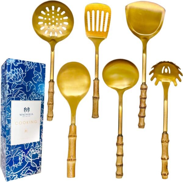 Bamboo Stainless Steel Cooking Tools Utensils Stainless - Brass/Gold Cooking and Serving Utensils - Gold Kitchen Utensils - Bamboo Wood Handled Gold Kitchen Utensils For Gold Kitchen