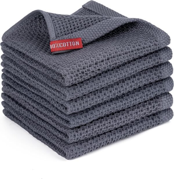 BOOMIBOO Kitchen Towels，Dish Towels 100% Cotton Waffle Weave Ultra Soft Absorbent Quick Drying Dish Rags，Dish Cloths， Dishcloths Sets，Tea Dowels for Kitchen，Bar Towels，12x12 Inches, 6-Pack, Grey