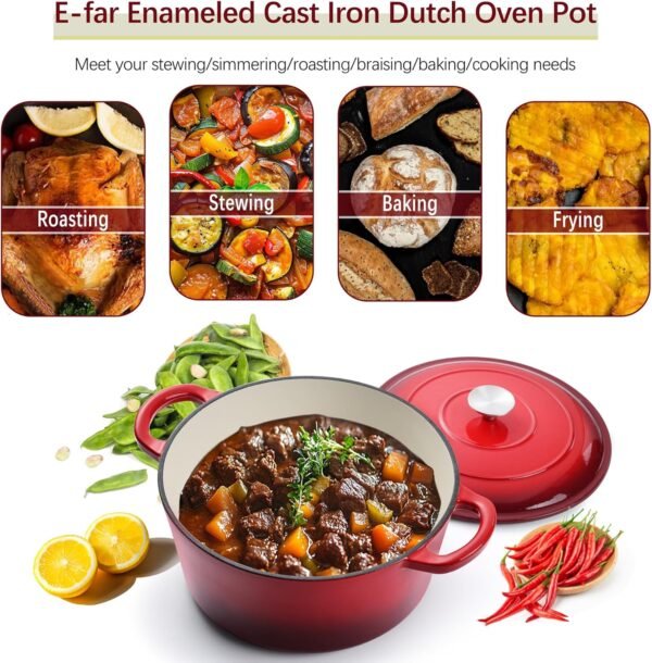 E-far 7QT Enameled Dutch Oven, Cast Iron Dutch Oven Pot with Lid for Cooking/Bread Baking/Braising/Roasting/Stewing, Heavy Duty Round Nonstick Cookware Safe for Induction & Oven - Red - Image 3
