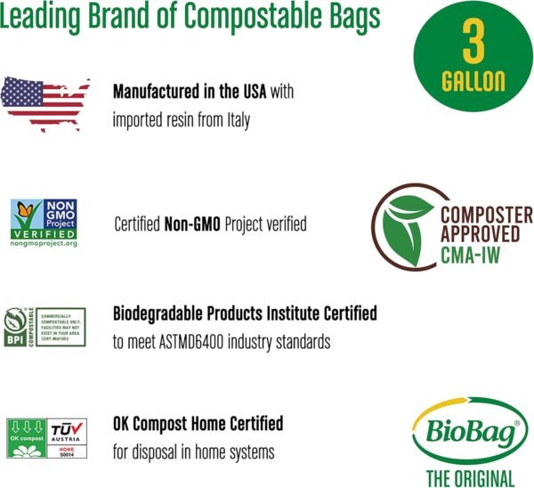 BioBag (USA), The Original Compostable Bag, 3 Gallon, 100 Total Count, 100% Certified Food Scrap Bags, Kitchen Compost Bin Compatible - Image 2