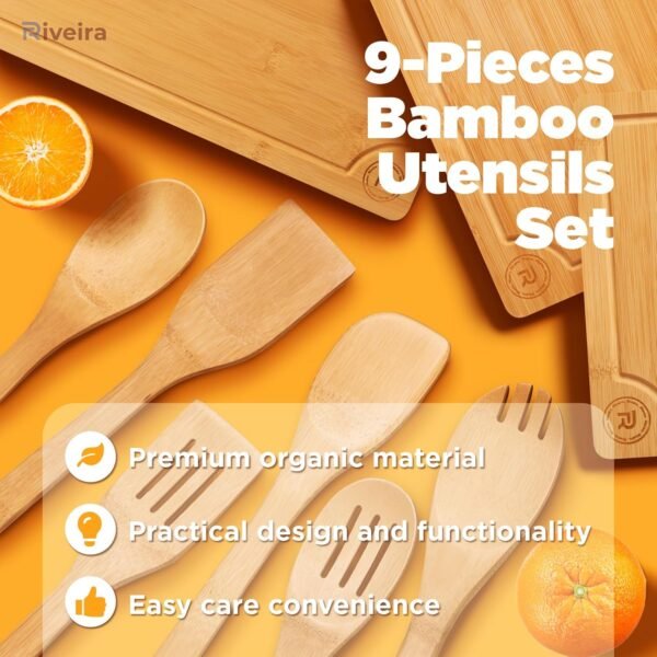 Riveira Bamboo Cutting Boards For Kitchen with Wooden Spoons For Cooking – Set of 3 Pcs Wooden Cutting Board & 6 Bamboo Spoons – Wooden Cutting Boards For Kitchen – Complete Wooden Cooking Utensils - Image 4