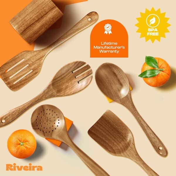 Riveira 9 Pieces Teak Wooden Spoons For Cooking – Premium & Durable Organic Teak Wooden Cooking Utensils – Non Stick Wooden Spatula For Cooking – Non Toxic Wooden Utensil Set With Holder & Spoon Rest - Image 6