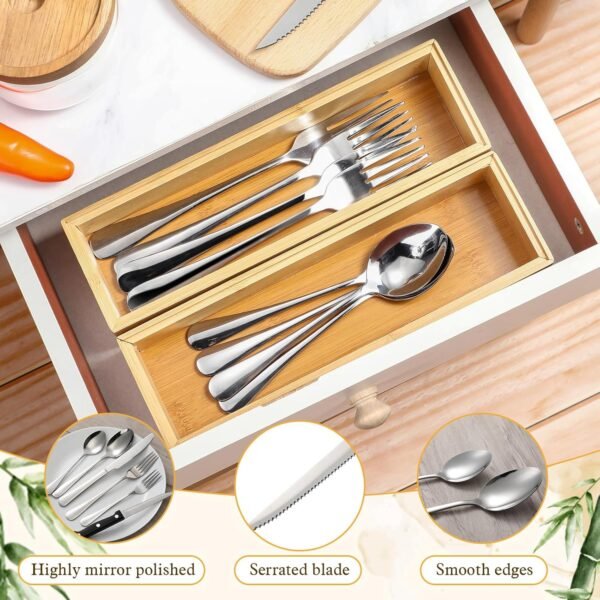 Baderke 6 Pcs Bamboo Drawer Organizer Long Stackable Storage Box Set with 24 Pcs Utensils for 4 People Use Kitchen Silverware Organizer for Outdoor Picnic, Family Party, Kitchen Drawer Storage - Image 5
