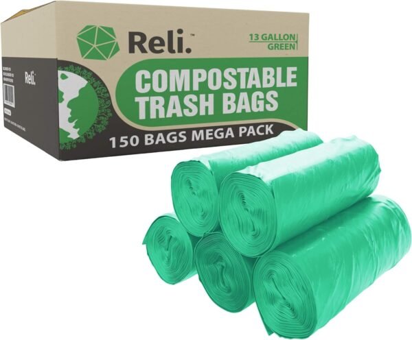 Reli. Compostable 13 Gallon Trash Bags | 150 Count Bulk | ASTM D6400 | Green | Eco-Friendly | For Compost