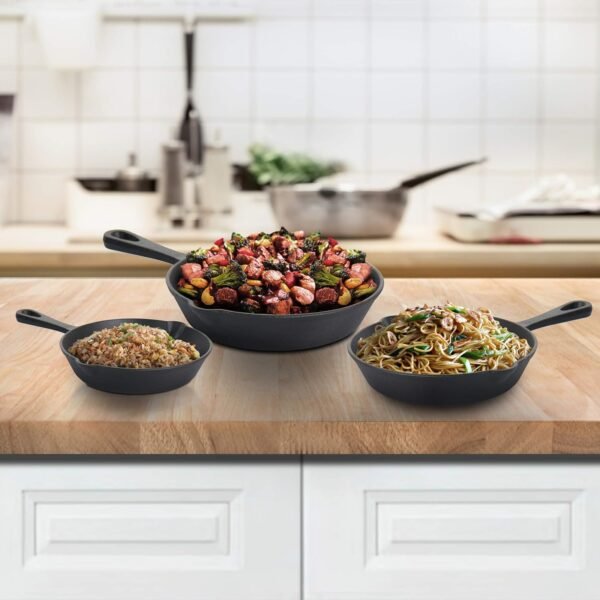 MegaChef Skillet Trio Pre-Seasoned Cast Iron Cookware Set, 3 Piece, Black - Image 5