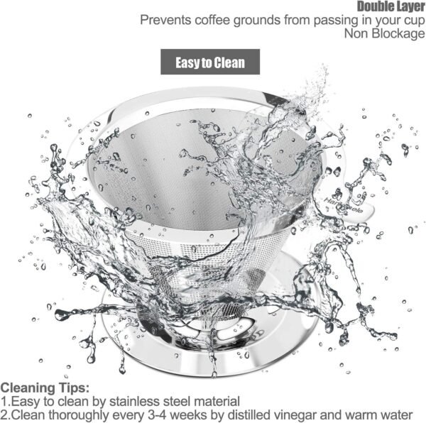 Pour Over Coffee Dripper, Paperless Reusable Coffee Filter, Pour Over Coffee Maker for Single Cup Brew, Double Mesh Design of Stainless Steel Cone Filter for Perfect Extraction (1-2 Cup) - Image 5