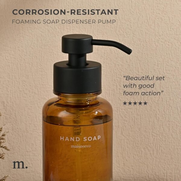 MaisoNovo Glass Foaming Hand Soap Dispenser 14 Oz | Amber Foaming Soap Dispenser Black Pump x 1 w/Labels - Image 3