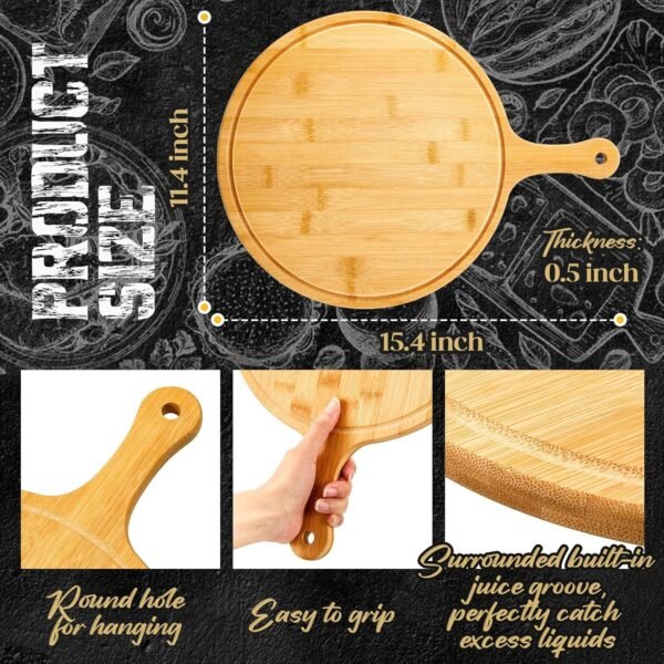 Nuenen 10 Pcs Round Wood Cutting Board with Handle Wooden Serving Board Kitchen Chopping Boards for Pizza, Bread, Cheese, Charcuterie, Fruit, Vegetables (Bamboo) - Image 2