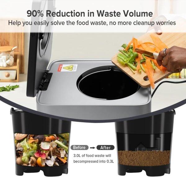 Electric Kitchen Composter, 3L Large Capacity with Visual Lid and LED Display, Turn Food Waste into Dry Compost, Intelligent Grinding Level Auto Stop, Low Noise, Automatic Cleaning - Image 2