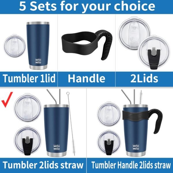 WETOWETO 20oz Tumbler with 2 lids and 2 straws, Stainless Steel Vacuum Insulated Water Coffee Tumbler Cup, Double Wall Powder Coated Spill-Proof Travel Mug Thermal Cup (Navy Blue, 1 Pack) - Image 2