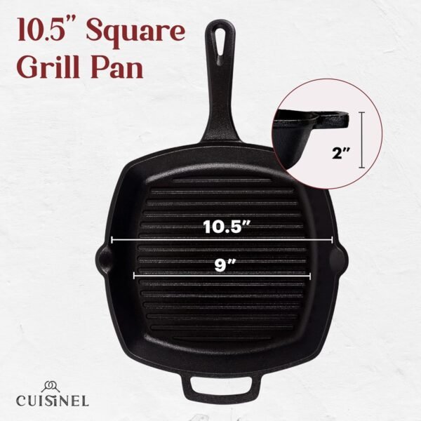 Cuisinel Cast Iron Grill Pan + Rectangular Cast Iron Grill Press + Tempered Glass Lid + Pan Scraper – Pre-Seasoned Ribbed Skillet – 10.5"-Inch Square Grillig Indoor/Outdoor Camping Fire BBQ Cookware - Image 4