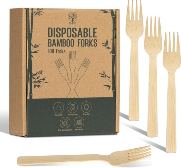Disposable Bamboo Forks, 100-Count Set; BPA Free Splinter-Free Biodegradable & Ethically Sourced Compostable Cutlery Perfect for Appetizers and Cocktails - Bamboo Forks Disposable