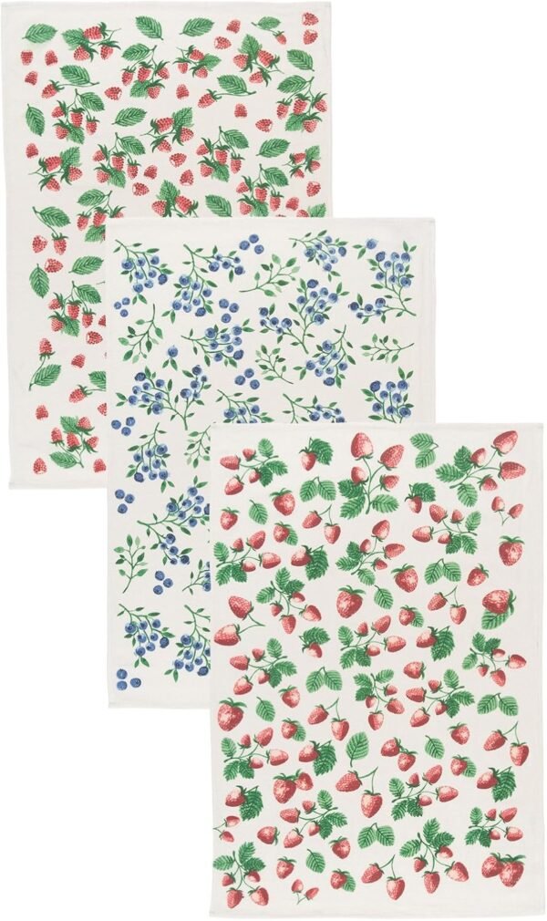 Now Designs Berry Patch Cotton Floursack Kitchen Dish Towels 20 x 30in, Set of 3, Red, Blue, Green, White - Image 2