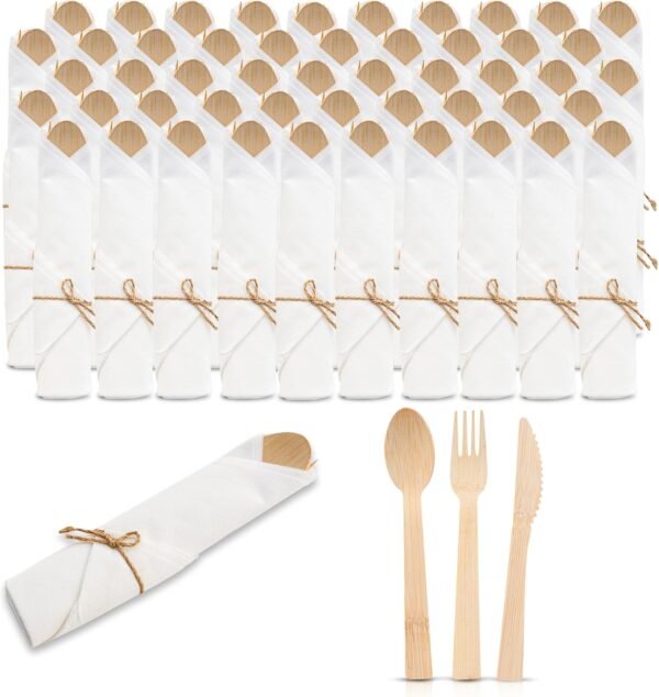 Pre Wrapped Bamboo Cutlery Set with Napkin - 50 Pack Bamboo Utensils Set (50 Spoons, 50 Forks, 50 Knives, 50 Napkins), Pre Rolled Disposable Biodegradable Silverware Wedding or Party (50, Natural)