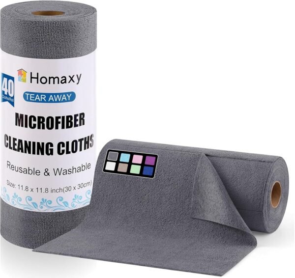 Homaxy Microfiber Cleaning Cloth Roll, 40 Pack Reusable Tear Away Towels, 11.8" x 11.8", Ultra Absorbent and Lint Free Cleaning Rags Towels for Car, House, Kitchen, Grey