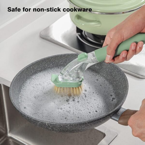 DAPOWER Dish Brush with Handle, Dish Scrubber with Soap Dispenser, Kitchen Scrub Brush for Dishes Pots Pans Sink Cleaning, 4 Replaceable Brush Heads (Green) - Image 3