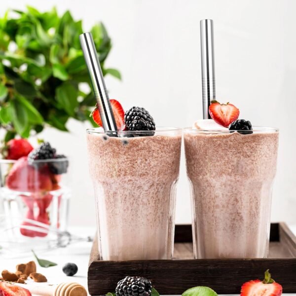NiHome 6-Pack Stainless Steel Smoothie/Milkshake Straws, 0.5'' Extra Wide Reusable Metal Straw, 10.5’’ Long Straight Drinking Straws for Boba, Thick Beverages, Cold Drinks, 2 Brushes (Silver) - Image 4
