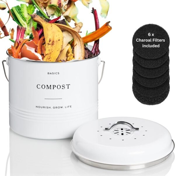 D'Lifeful Kitchen Compost Bin - 1.3 Gallon Countertop Compost Bin with Lid - Farmhouse Kitchen Composter with 6 Smell-Absorbing Charcoal Filters - Eco-Conscious and Easy to Clean Compost Bucket -White - Image 8