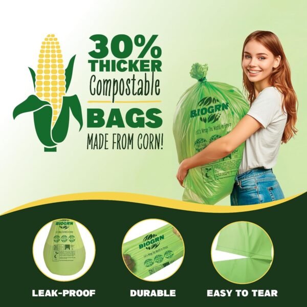 55 Gallon Compostable Trash Bags Flat-Top, Heavy Duty Extra Thick 1.57 Mil, 208.2 Liter, 12 Bags, Large Lawn and Yard Waste Bag, ASTM D6400, US BPI and OK Compost Home Certified - Image 4