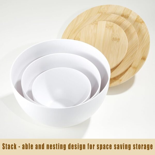 Large Salad Bowls with Lid & Serving Utensils, Set of 3 Bamboo Fiber Mixing Bowls Set for Serving Salads, Kitchen Eating, Pastas, Popcorn, Chips, Fruit, Food Prepare (WHITE) - Image 2