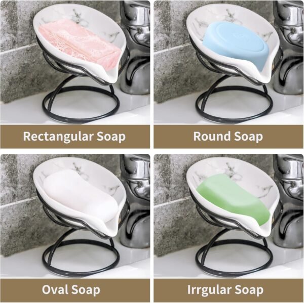 Leaf-Shaped Soap Dish – Ceramic Soap Bar Holder with Self-Drainage System – Bar Soap Holder for Shower, Bathroom Sink, Kitchen – Soap Dish with Stainless Steel Stand (White-Black-2 Pack) - Image 5