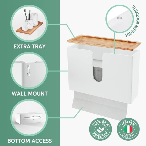 Bamboo Paper Towel Dispenser with Removable Top Tray for Bathroom and Kitchen - Wall Mount and Countertop Multifold Paper Towel, C-Fold, Zfold, Tri fold Hand Towel Holder Commercial (White) - Image 10