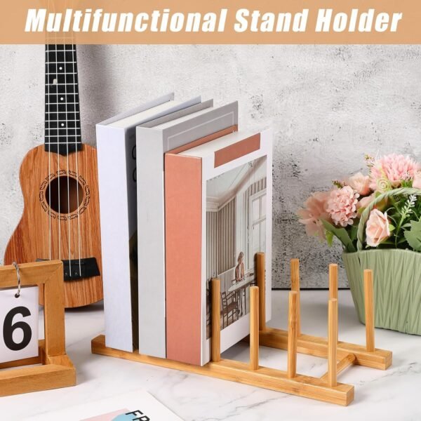 Yinkin 2 Pcs Bamboo Wooden Plate Rack Dish Drying Rack Wood Pot Lid Holder Stand Kitchen Cabinet Organizer for Bowl Cup Cutting Board - Image 6