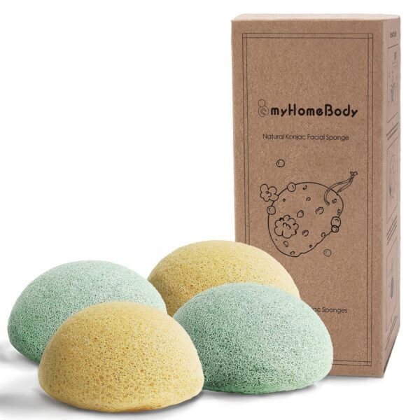 myHomeBody Natural Konjac Facial Sponges - for Gentle Face Cleansing and Exfoliation (2 Turmeric Yellow, 2 Aloe Green)