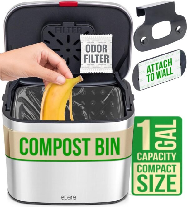 Eparé Compost Bin Kitchen Countertop - 1 Gal Odorless Stainless Steel Hanging Compost Bin - Small Indoor Food & Waste Counter Top Trash Bin - with Carbon Odor Filter