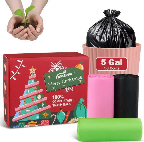 5 Gallon Compostable Trash Bags Compost Food Scrap Waste Bags with US BPI ASTM D6400 and Europe OK Compost Home Certified Green Christmas Gift 50 Couts
