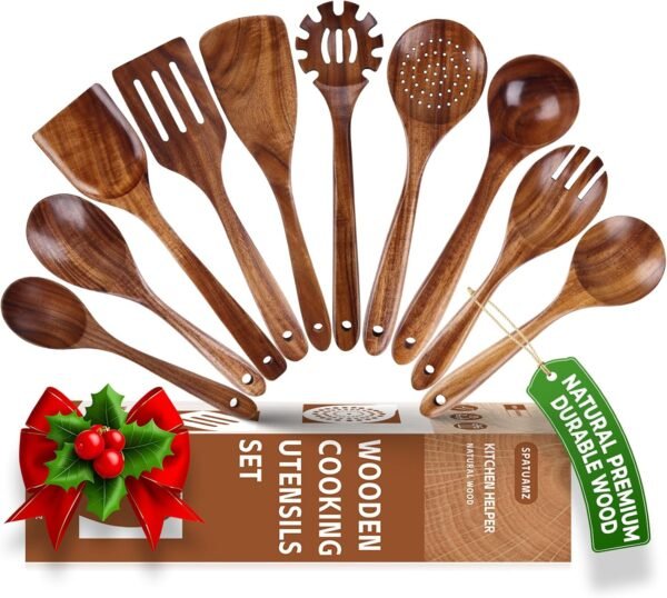 Wooden Spoons for Cooking, Gentle Wooden Utensils Set for Non-stick Pan, Long Hanle Wooden Spoon and Spatula Set of 10