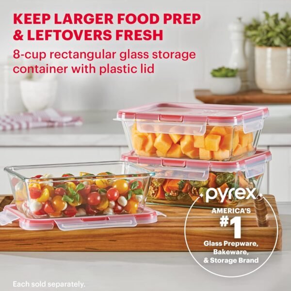 Pyrex Freshlock Glass Food Storage Container, Airtight & Leakproof Locking Lids, Freezer Dishwasher Microwave Safe, 8 Cup - Image 4