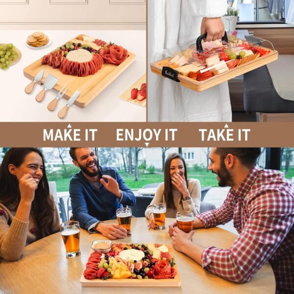 Charcuterie Board with Lid and Handle - Portable Travel Design Bamboo Cheese Board Set with 4 Cheese Tools, Gift for Housewarming, Weddings, Picnics(1 Compartment, Black) - Image 3