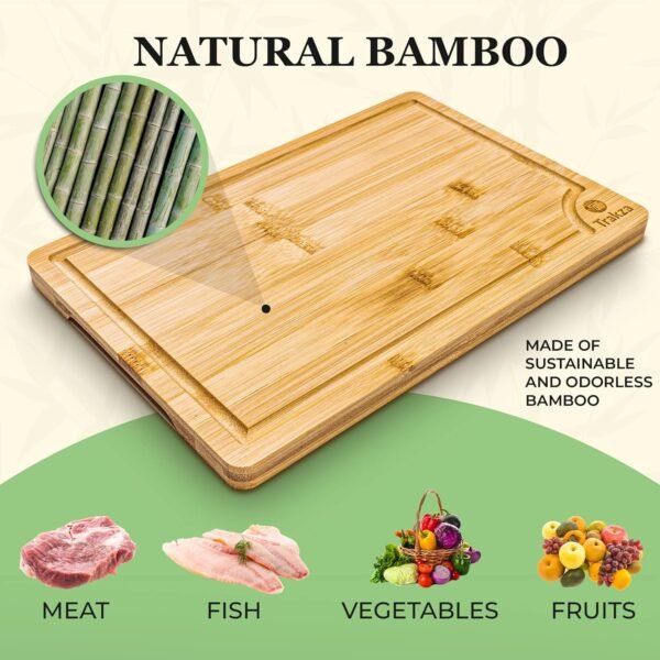 Bamboo Cutting Board Set - Durable Kitchen Cutting Boards For Chopping Fruit, Meat, Cheese, Veggies - Deep Juice Grooves, Side Handles, Easy To Use & Clean - With Storage Holder - 9", 12", 15" - Image 2