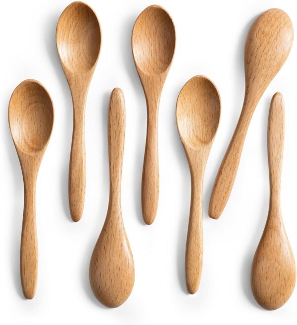 7 PCS Small Wooden Spoons, 5.8 Inch Honey Spoons for Tea, Beech Wooden Honey Teaspoon for Coffee, Little Tiny Wood Spoons, Bamboo Table Spoon for stirring, Wooden Spoons for Utensils Set