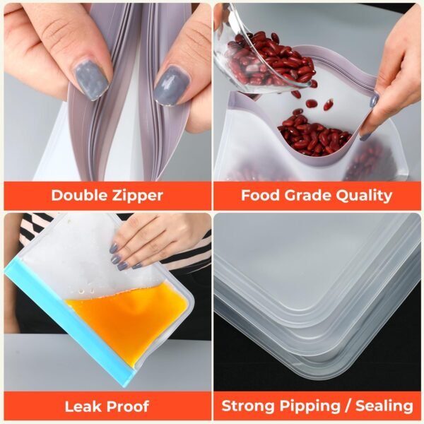 10 Pack Reusable Ziplock Bags Silicone - BPA Free, Leakproof Reusable Food Storage Freezer Bags, Dishwasher Safe, 3 Gallon, 4 Sandwich, 3 Snack Bags for Lunch, Marinate & Food Travel - Image 2