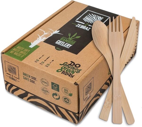 2ZEBRAZ 100% Bamboo Cutlery Set of 100 pc - 50 Forks, 25 Knives, 25 Spoons, Smooth Reusable Bamboo Silverware, Compostable and Durable Disposable Utensils, Eco-Friendly Flatware in Premium Box
