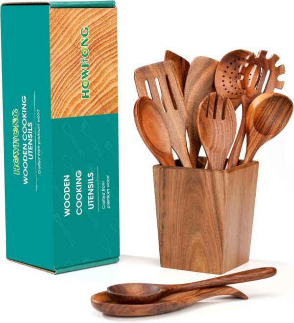 Wooden Spoons for Cooking, Acacia Wood Cooking Utensils Set – 11 Piece Wooden Kitchen Tools with Holder, Spoon Rest, Nonstick Cookware Safe by HOWHONG