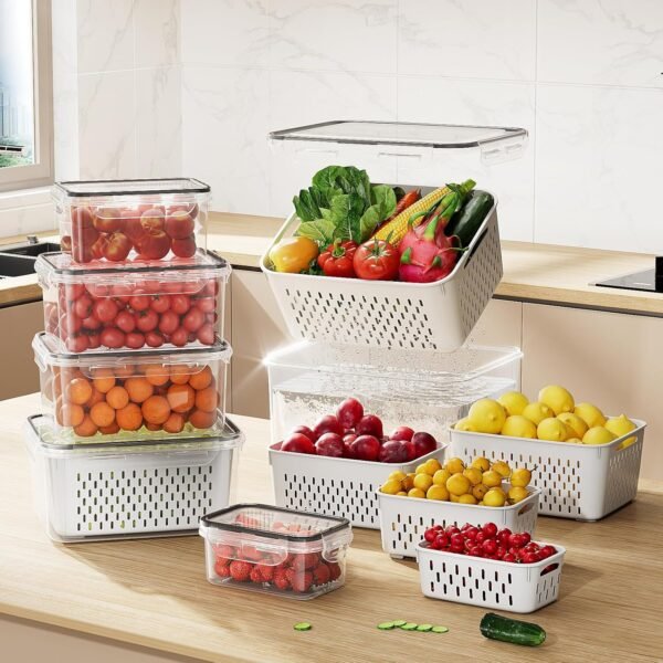 6 PCS Large Fruit Storage Containers for Fridge, Airtight Food Storage Containers with Removable Colander, Dishwasher & Microwave Safe, Berries Containers Keep Vegetables, Fruits Fresh Longer - Image 7