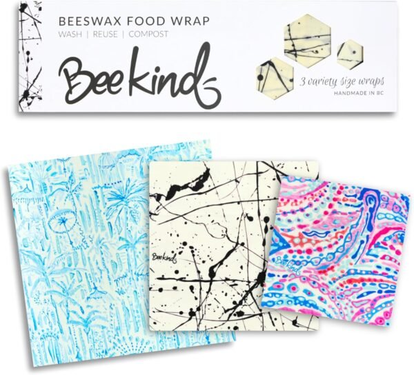 Bee Kind® Beeswax Food Wrap - 3 Pack (S,M,L) - Handmade in Canada - Handpainted Designs - Premium Quality (Arctic)