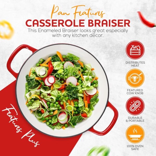 3.5 Qt Enameled Cast Iron Braiser Pan with Lid - With Customizable Knobs & Silicone Heat Grippers - Dutch Oven Cast Iron for Stir Fry & Baking - Braising Pan with Lid Oven Safe Upto 500F - Image 4