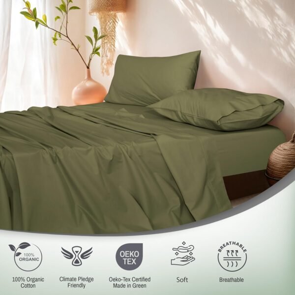 RUVANTI 100% Organic Cotton Sheets - Queen Sheet Set - Certified for GOTS - Breathable & Comfortable - Soft & Cooling Percale Bed Sheets Queen Size Set - Deep Pocket 15" - 4 Pcs - Olive - Image 6