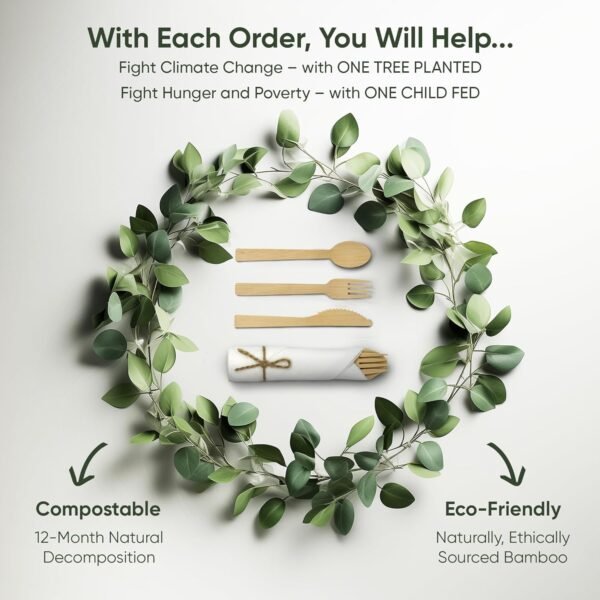 Premium Pre-Rolled Napkin and Bamboo Cutlery Set (30 Pack, 120 PCS) 100% Biodegradable, Eco-Friendly, Disposable Wrapped Cutlery - Includes Pre-Wrapped Bamboo Forks, Knives, Spoons, & Napkins - Image 4