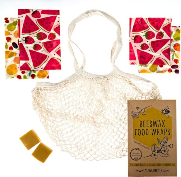 Beeswax Wrap Kit: Reusable Food Grade Beeswax Wraps for Food, Snacks, Sandwich, Eco Friendly Kitchen Storage - Includes 2 Wraps, 2 Beeswax Bars and Reusable Cotton Mesh Market Bag - Cute Fruit Themes
