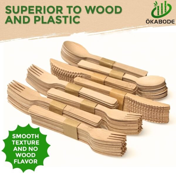 Disposable Bamboo Utensils, 100 Pack | 100% Bamboo Cutlery NOT Wooden Cutlery | Eco-Friendly Compostable Cutlery | 100% Biodegradable Utensils | 50 Bamboo forks, 25 Knives, 25 Spoons - Image 2