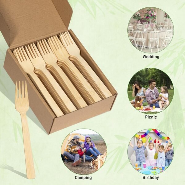 Disposable Bamboo Forks, 100-Count Set; BPA Free Splinter-Free Biodegradable & Ethically Sourced Compostable Cutlery Perfect for Appetizers and Cocktails - Bamboo Forks Disposable - Image 5
