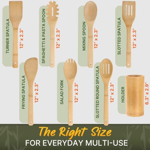 Bamboo Wooden Spoons for Cooking 7 PCs with Holder – Wooden Cooking Utensils + Holder for Nonstick – Wooden Utensil Set – Easy to Clean, Sturdy, Lightweight & Heat Resistant - Image 2