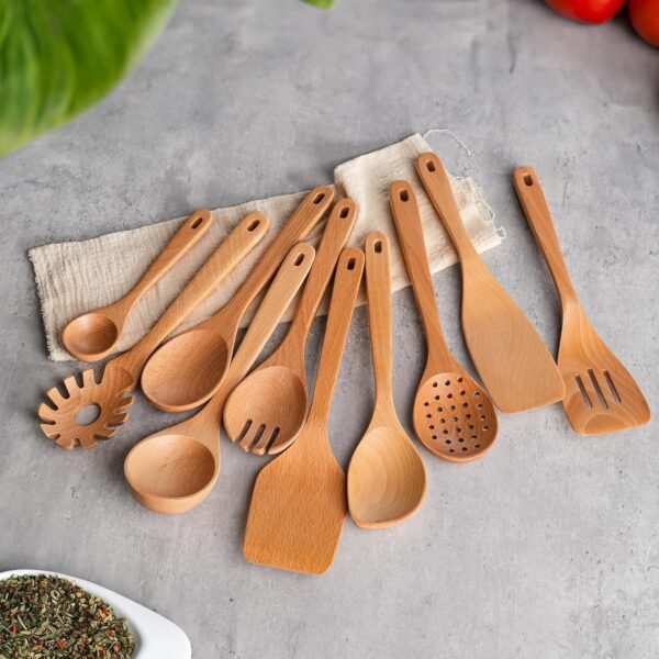 11 PCS WOSPONFAN Kitchen Utensils Set - Wooden Spoons for Cooking, Natural Beech Wood Wooden Utensils - Includes Wooden Spoons, Spatula Set, Slotted Spoon - Handmade Wooden Spoon Set - Image 4