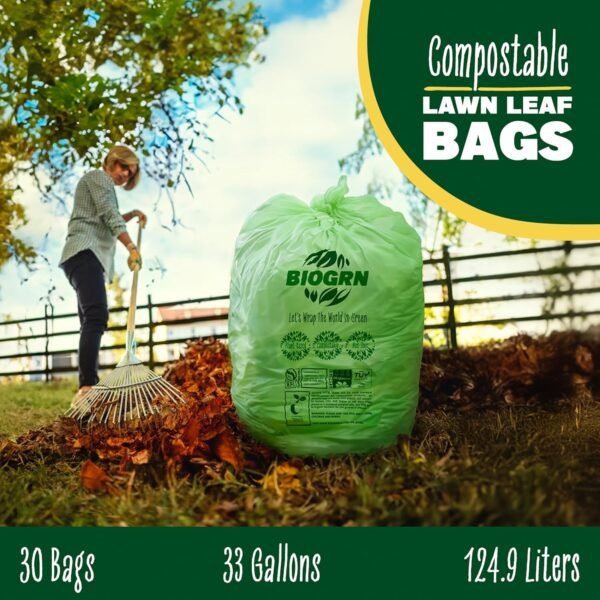 33 Gallon Compostable Trash Bags Flat-Top, Heavy Duty Extra Thick 1.57 Mil, 124.92 Liter, 30 Bags, Large Lawn and Yard Waste Bag, ASTM D6400, US BPI and OK Compost Home Certified - Image 8