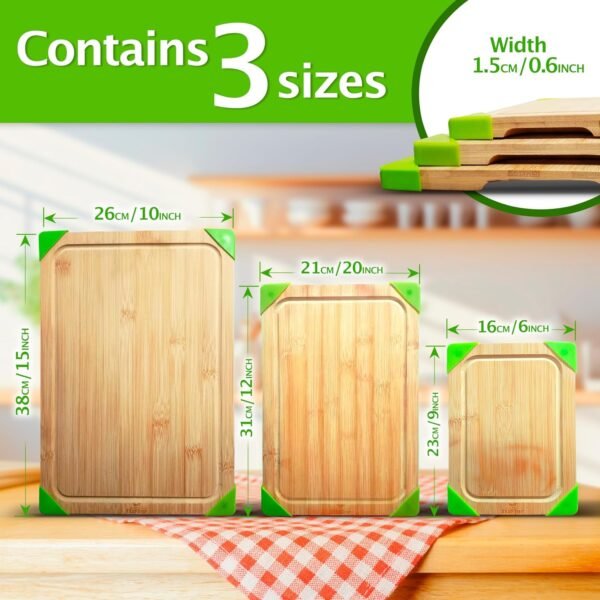 Bamboo Cutting Boards for Kitchen, Set of 3 with Juice Slot and Non-Slip Corners, Double-Sided Wooden Chopping Board for Meat, Fruits, Vegetables and Cheese - Image 2